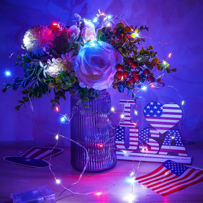 4th of July Decorations, 4-Pack Red White and Blue Fairy Lights Battery Operated with Timer