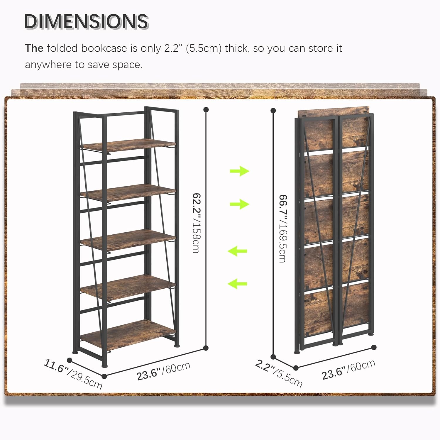 4NM No Assembly Foldable Bookshelf, 5-Shelf Collapsible Bookcase Storage for Small Spaces, 62.2" H