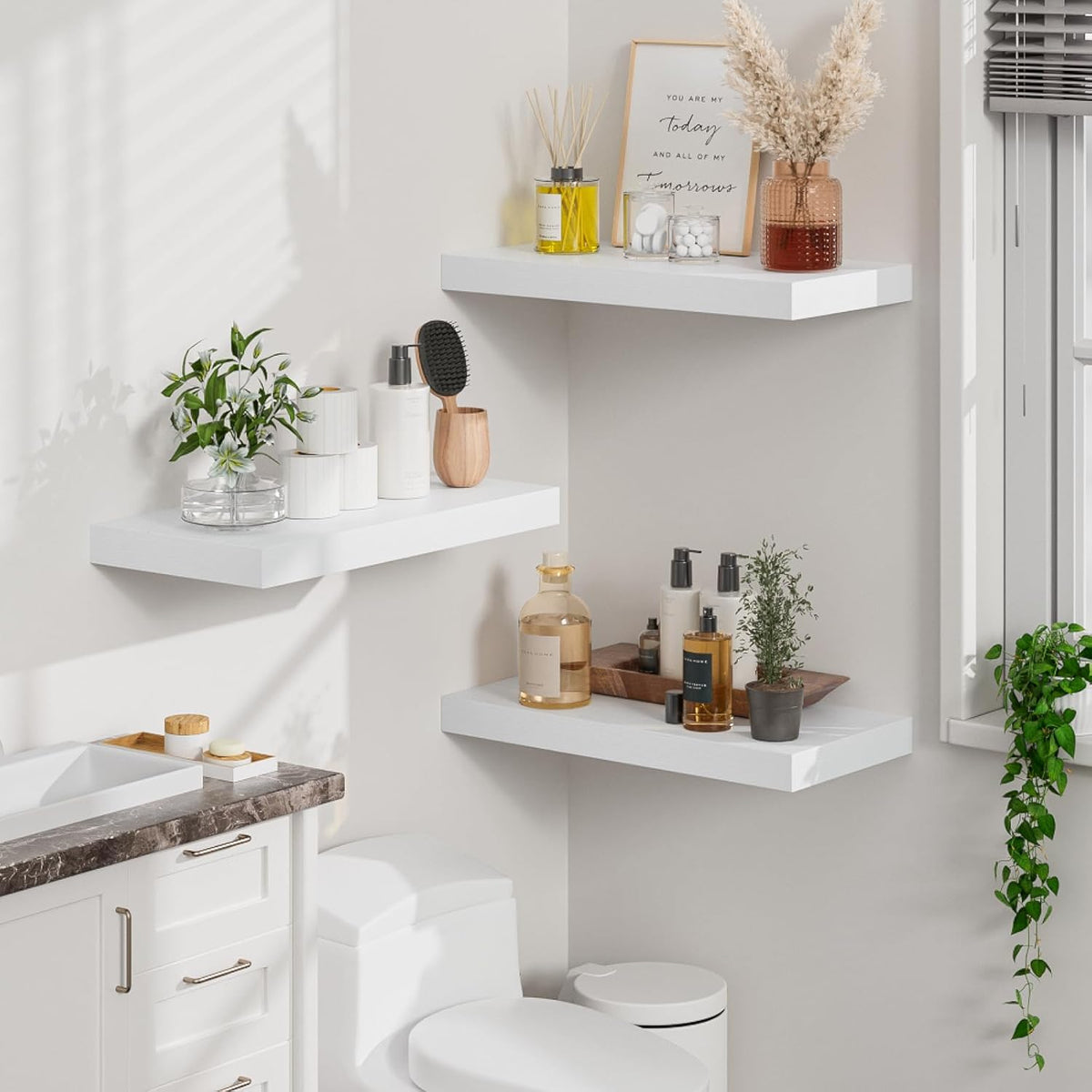 Heimlove 12" Deep White Floating Shelves for Wall, 24 Inch Wall Shelf Bathroom Shelves Set of 2