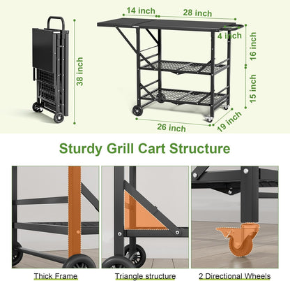 Himix Folding Grill Cart, 3 Tier Outdoor Grill Table with Side, 4 Hooks, Pizza Oven Cooking Prep