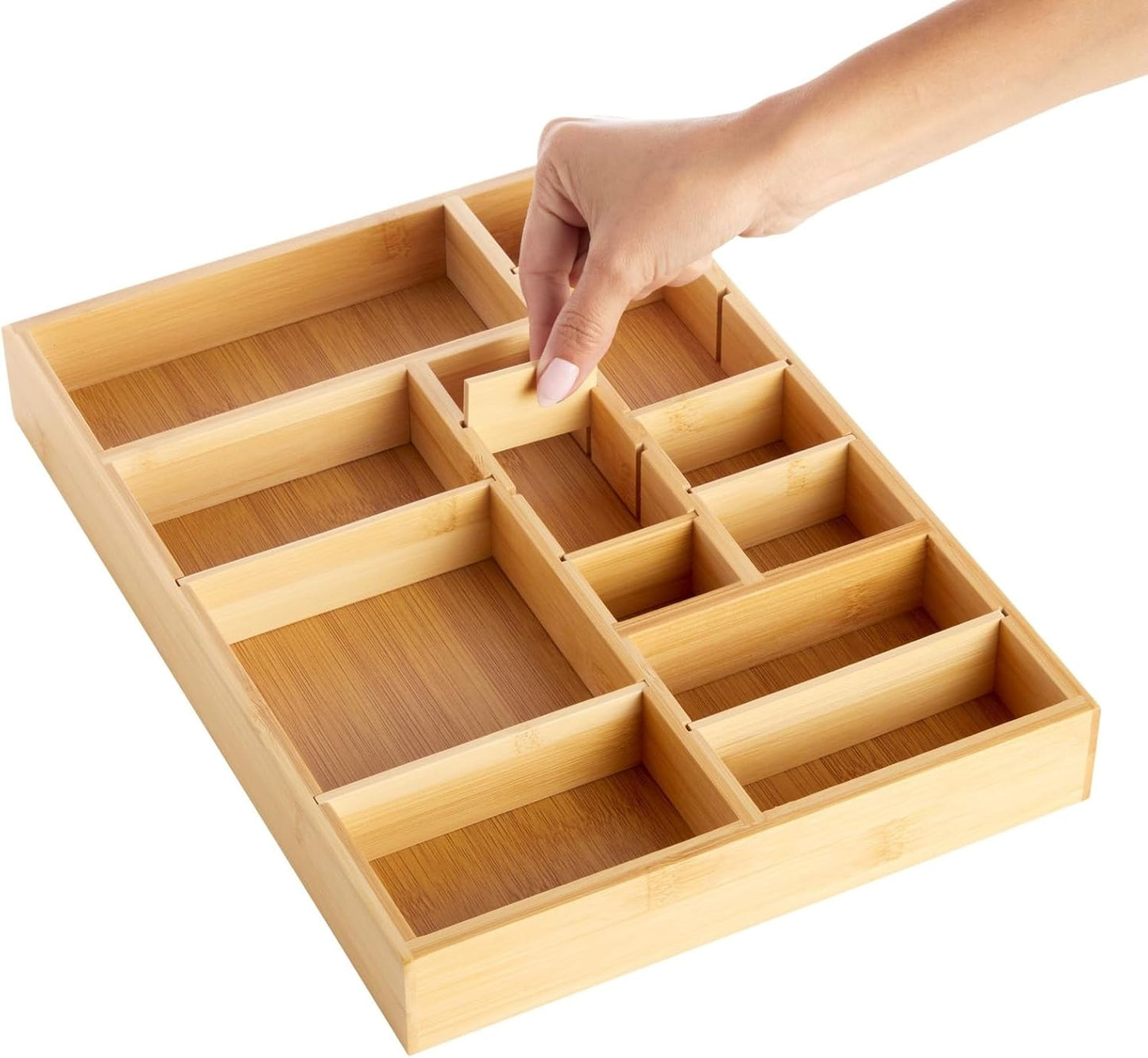 Juvale Drawer Organizer Tray - 14 x 10 x 2 In Brown Bamboo - 8 Adjustable Dividers for Custom