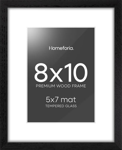 Homeforia 8x10 Picture Frame Black Wood, High End Oak 8 x 10 Wooden Frames with Mat 5 by 7 Print