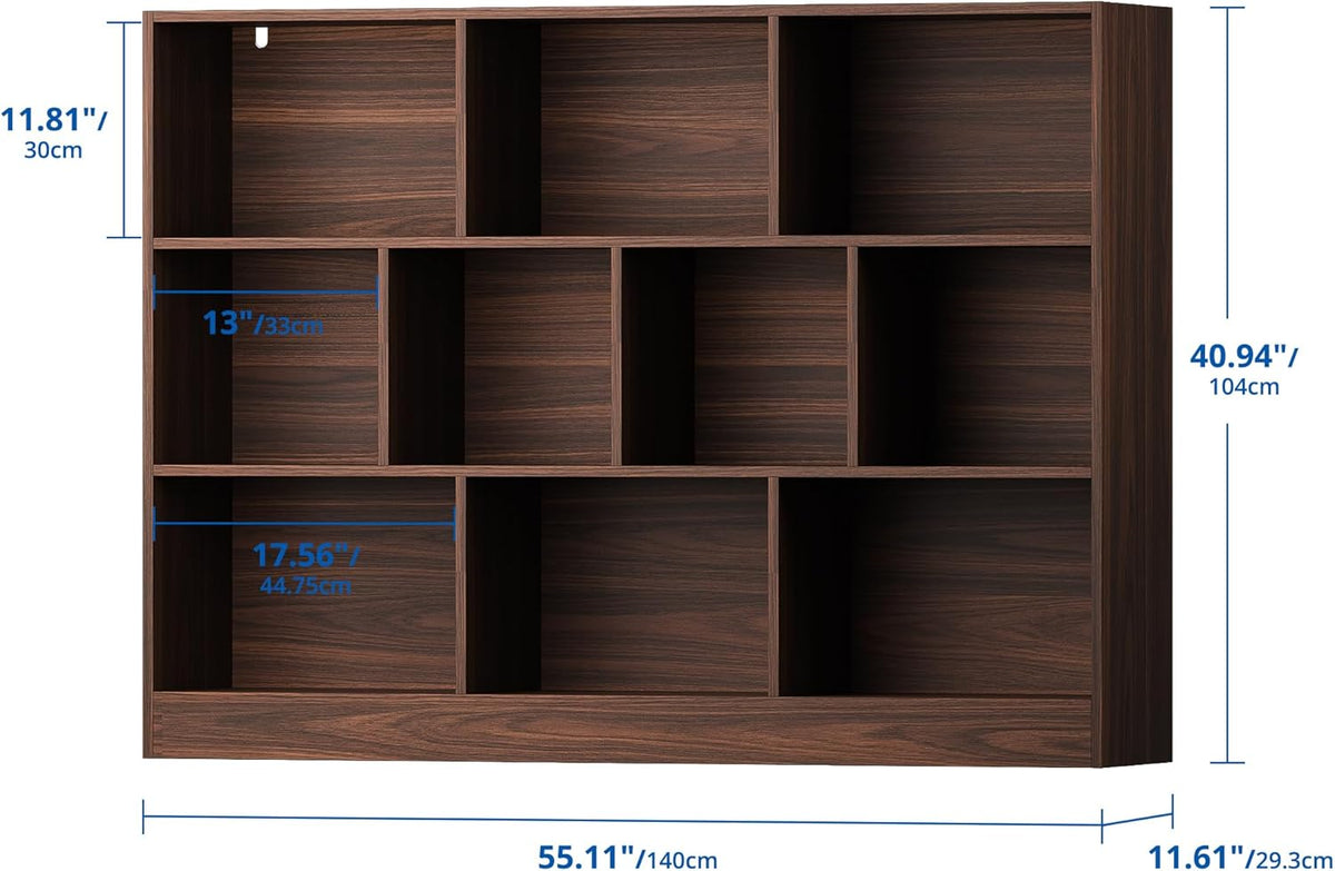 Cozy Castle Brown Bookshelf, 3-Tier Open Shelf Bookcase, 10 Cube Storage Organizer with Anti-Tilt