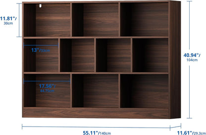 Cozy Castle Brown Bookshelf, 3-Tier Open Shelf Bookcase, 10 Cube Storage Organizer with Anti-Tilt