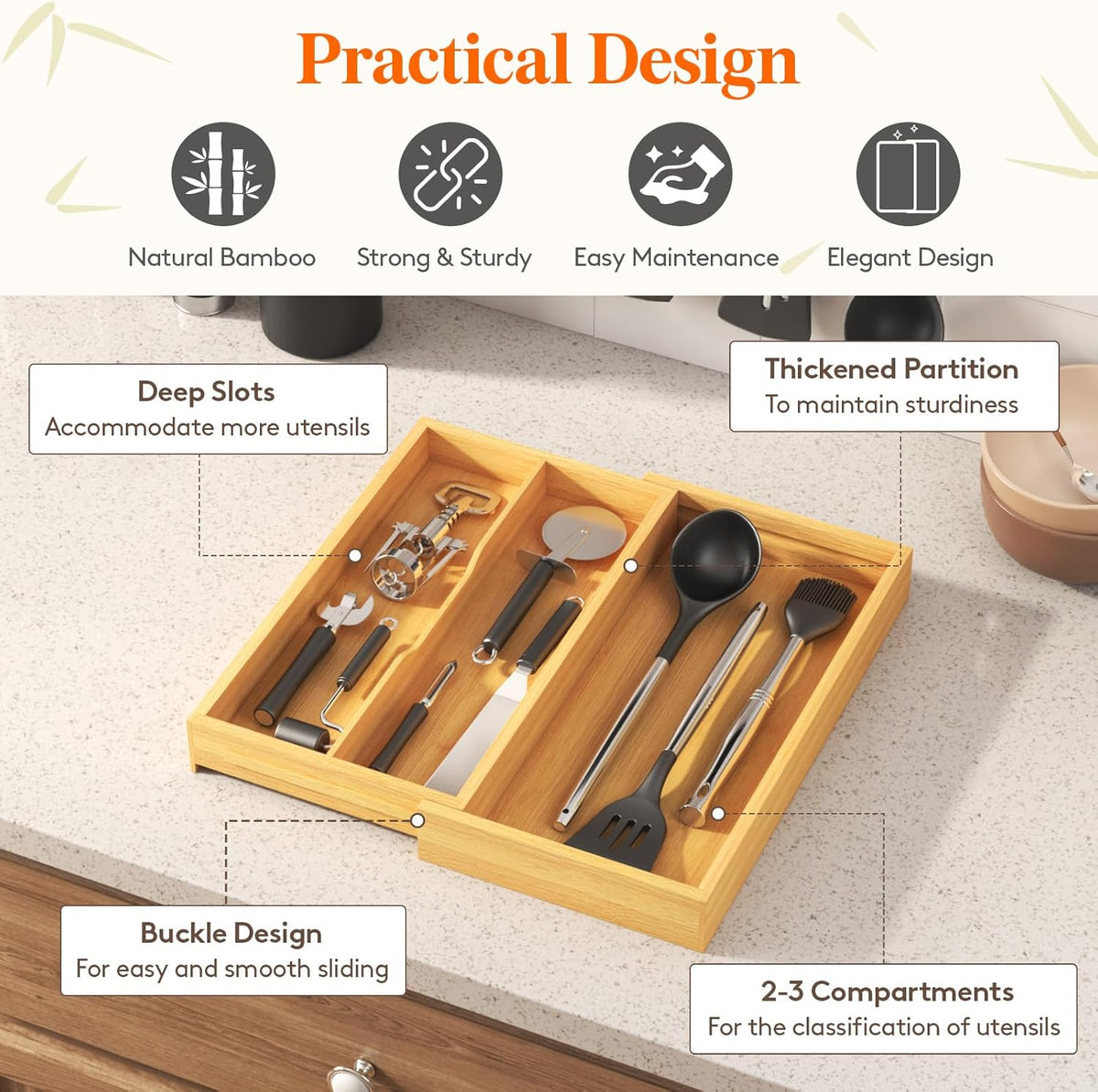 Lifewit Utensil Drawer Organizer, Expendable Cooking Silverware Tray for Kitchen Drawer, Bamboo