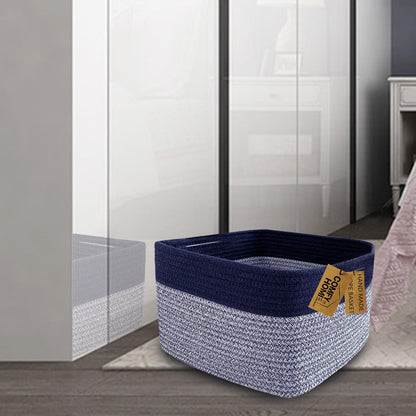 COMFY-HOMI Rectangular Cotton Rope Basket With Handles for Shelves|Dog Toy|Baby Gift - Dark Blue