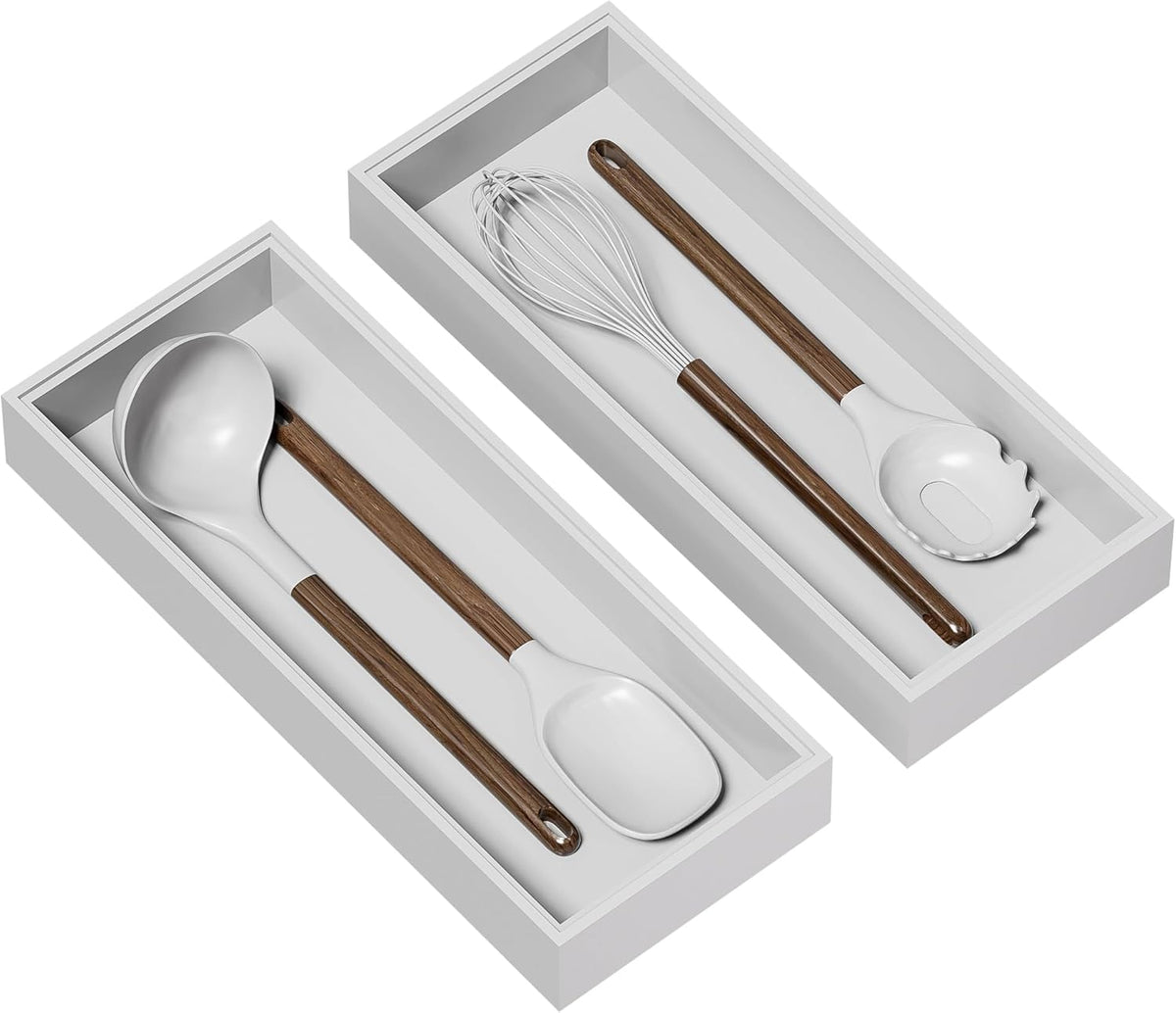 Kitchen Drawer Organizer - 2 Pack, Stackable Bamboo Drawer Organizers, Wooden Storage Box Tray for