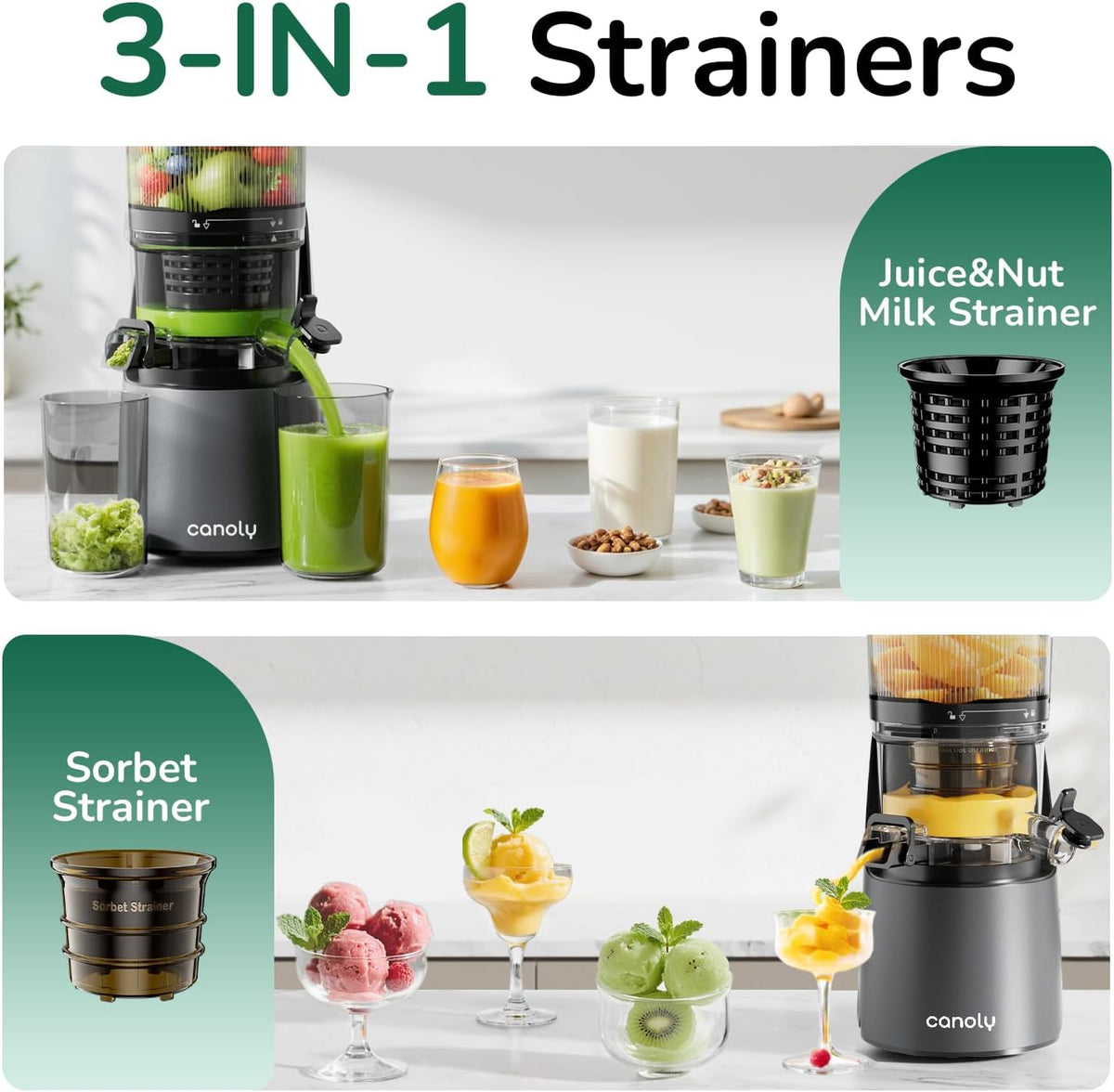 Canoly C16 Cold Press Juicer, 6" Extra Wide Feed Chute, 3-IN-1 Strainers (Juice & Sorbet & Nut