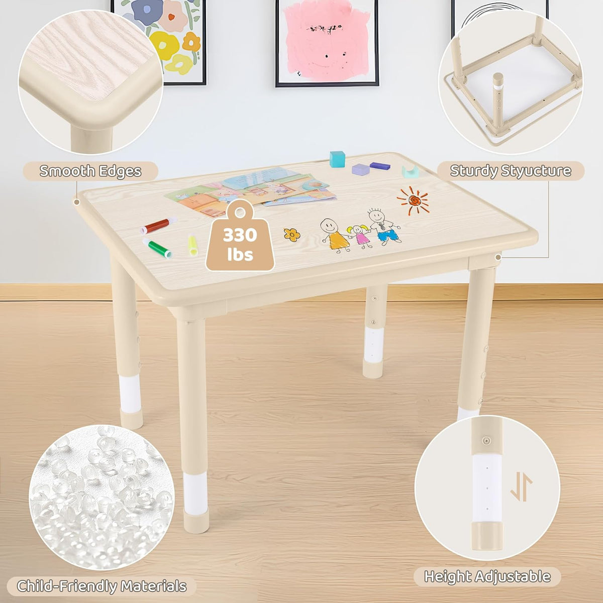 Kids Table and 2 Chairs Set, Height Adjustable (17.7"-26.1") Toddler Table and Chair Set
