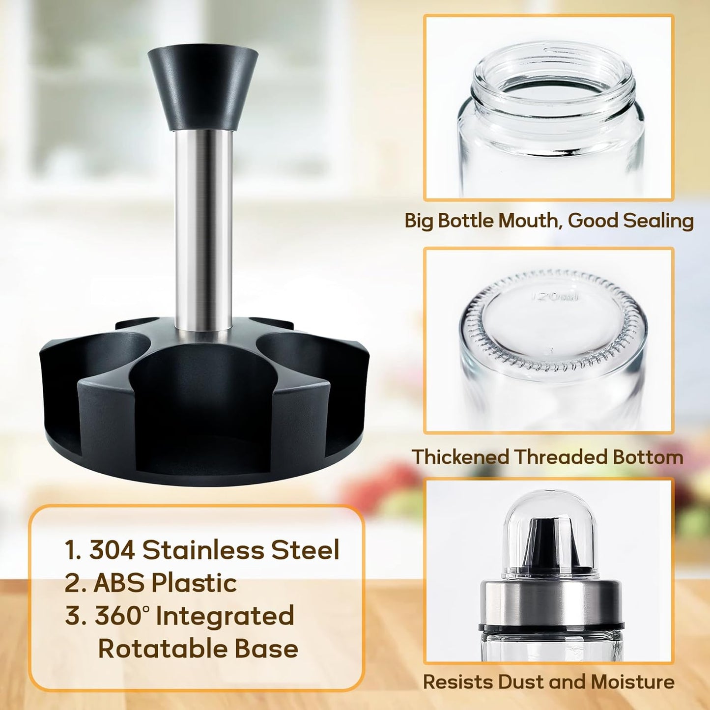 Mlici Oil and Vinegar Dispenser Set of 6 Bottles, Stainless Steel Salt Pepper Holder with 360°