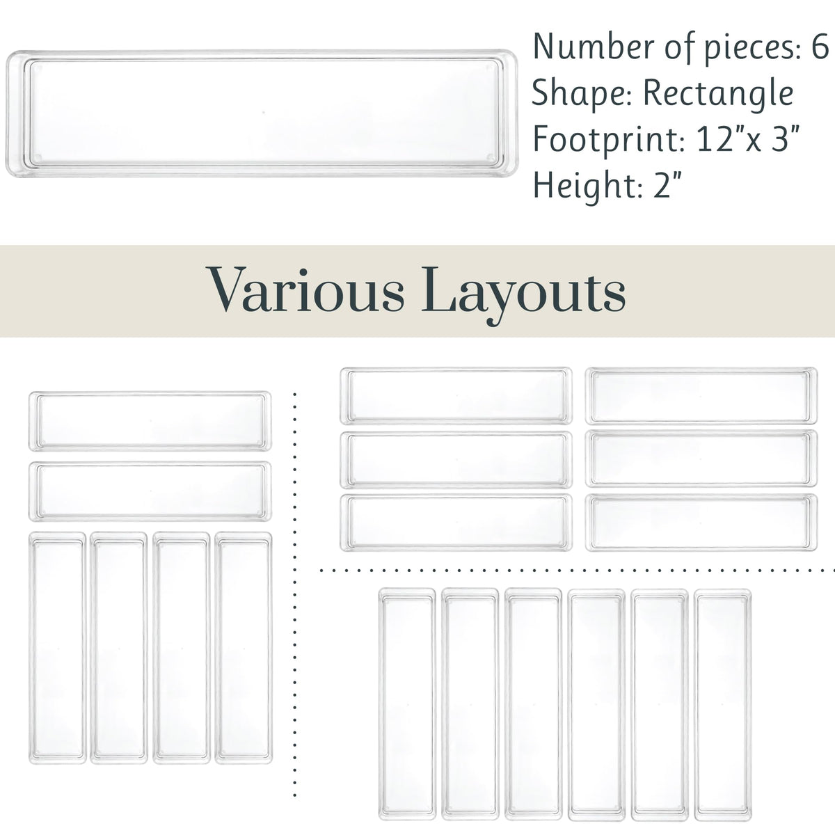STORi SimpleSort 6-Piece Stackable Clear Drawer Organizer Set | 12" x 3" x 2" Rectangle Trays |