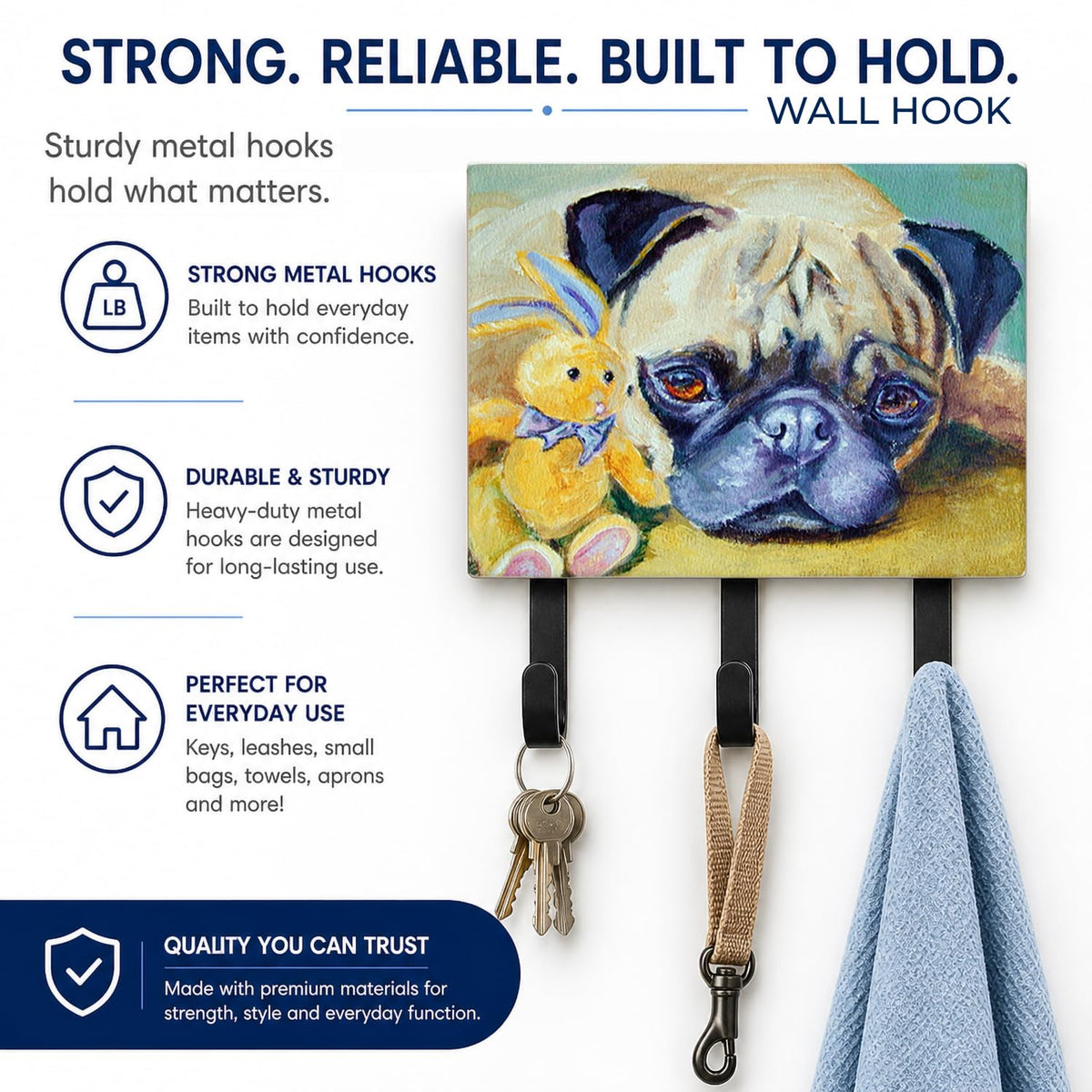 Caroline's Treasures 7423TH68 Pug Bunny Rabbit Leash or Key Holder, Wall Hooks, Key Hooks Holder