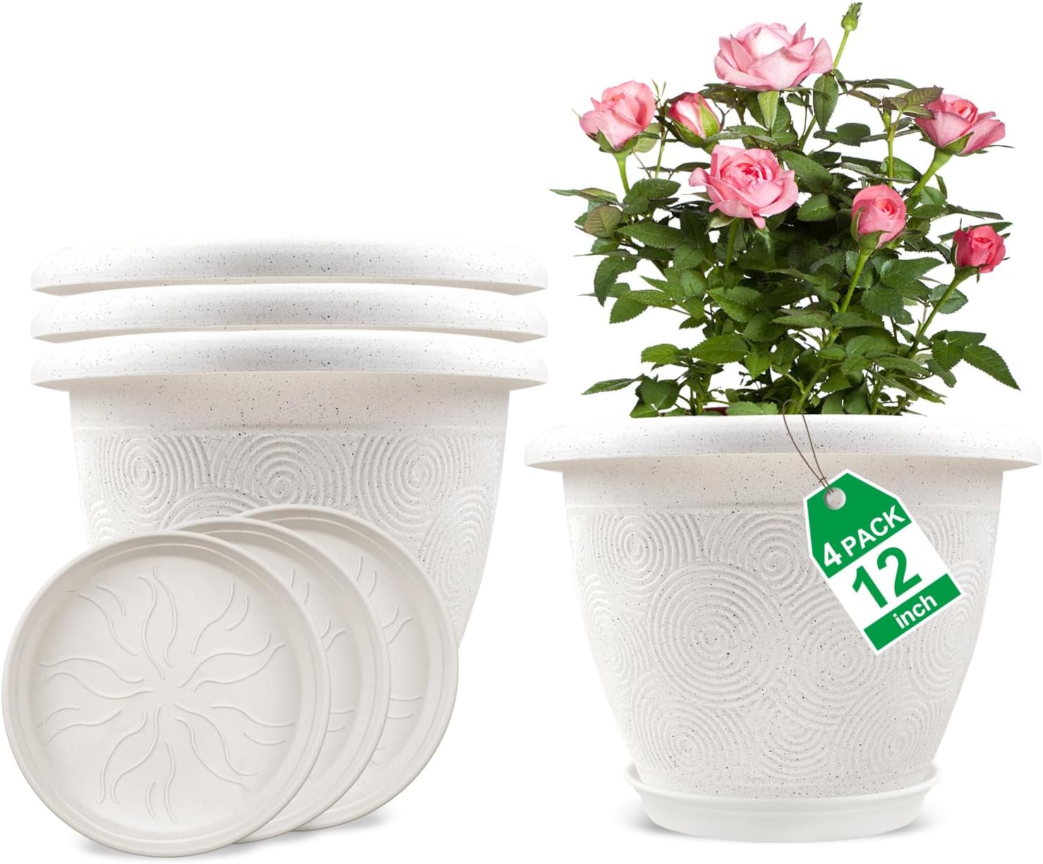 Plastic Flower Pots Planters for Indoor Plants, 4 Pack 12 Inch White Plant Pots with Drainage Hole