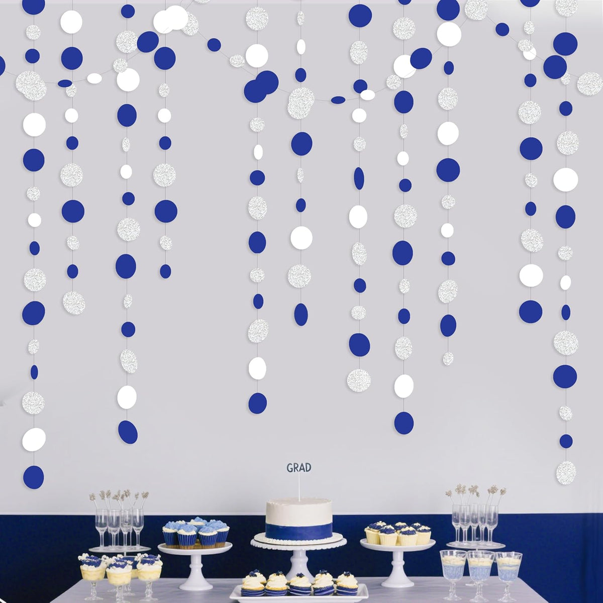 46 Feet Navy Blue White and Silver Circle Dots Garland Royal Blue Hanging Paper Polka Dots Streamer