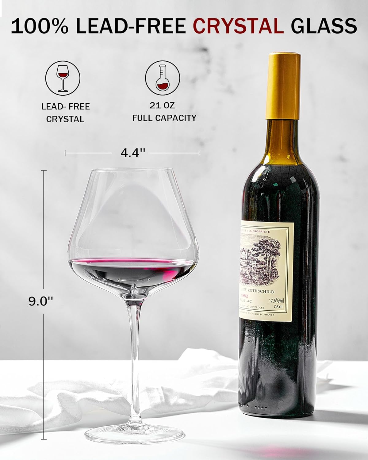 JBHO Set of 4-21 Ounce Hand Blown Italian Style Crystal Burgundy Wine Glasses - Lead-Free Premium