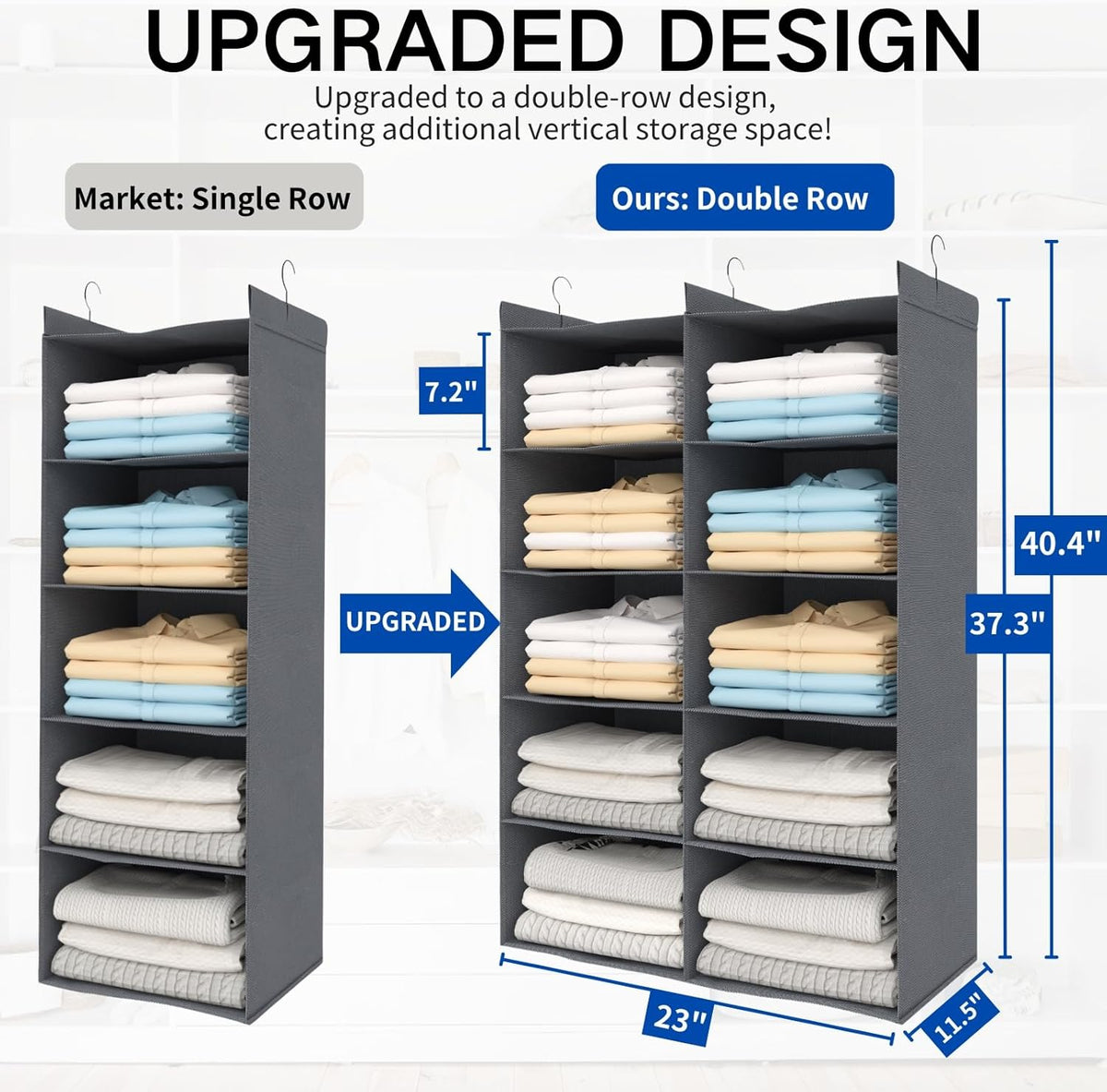 5 Tier Shelf Hanging Closet Organizer, Dual-Row 10 Pocket Cloth Hanging Shelf with 3 Sturdy Hooks
