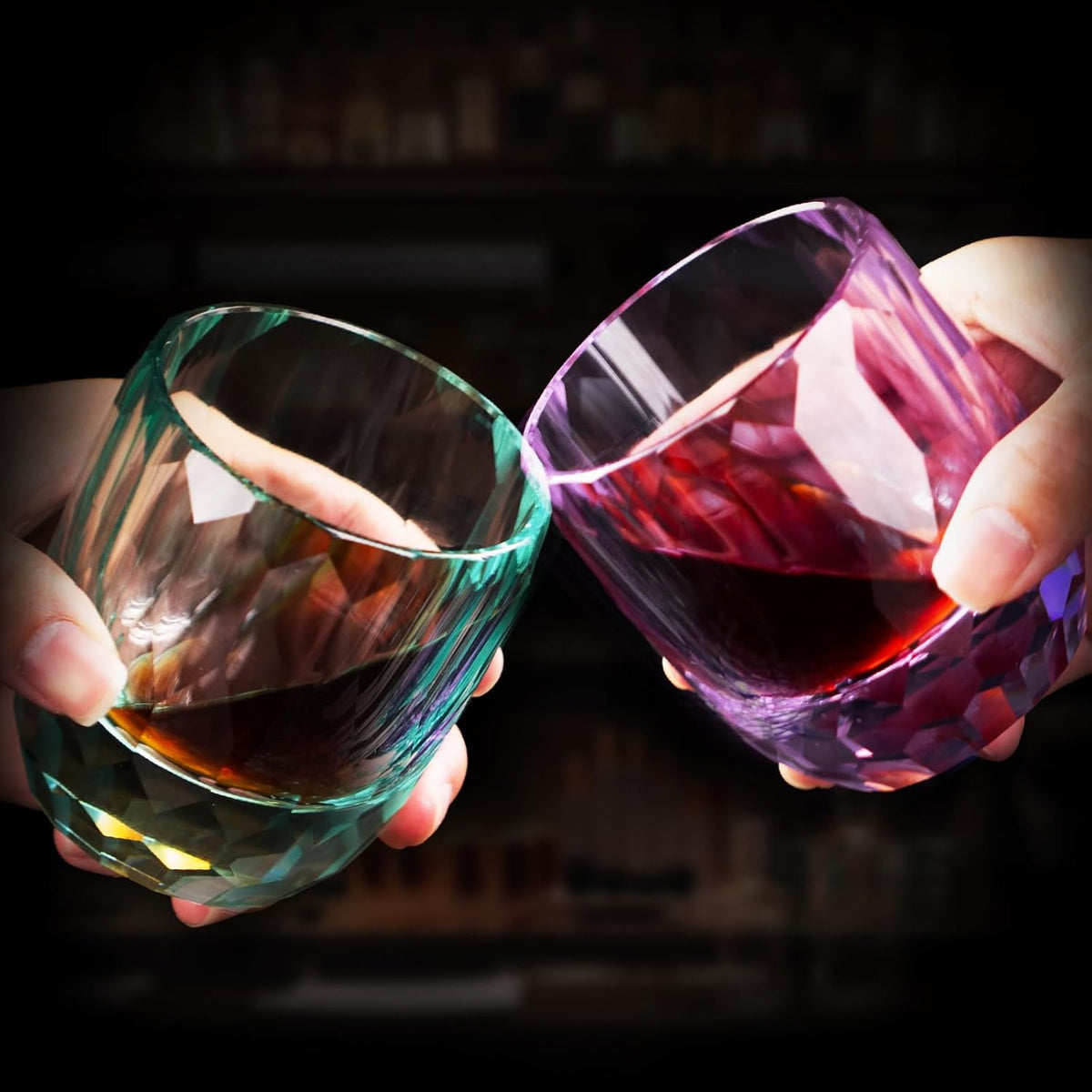 KAMMAK Crystal Whiskey Glasses Set of 2, 7oz Old Fashioned Glasses Stemless, Hand Blown Colored