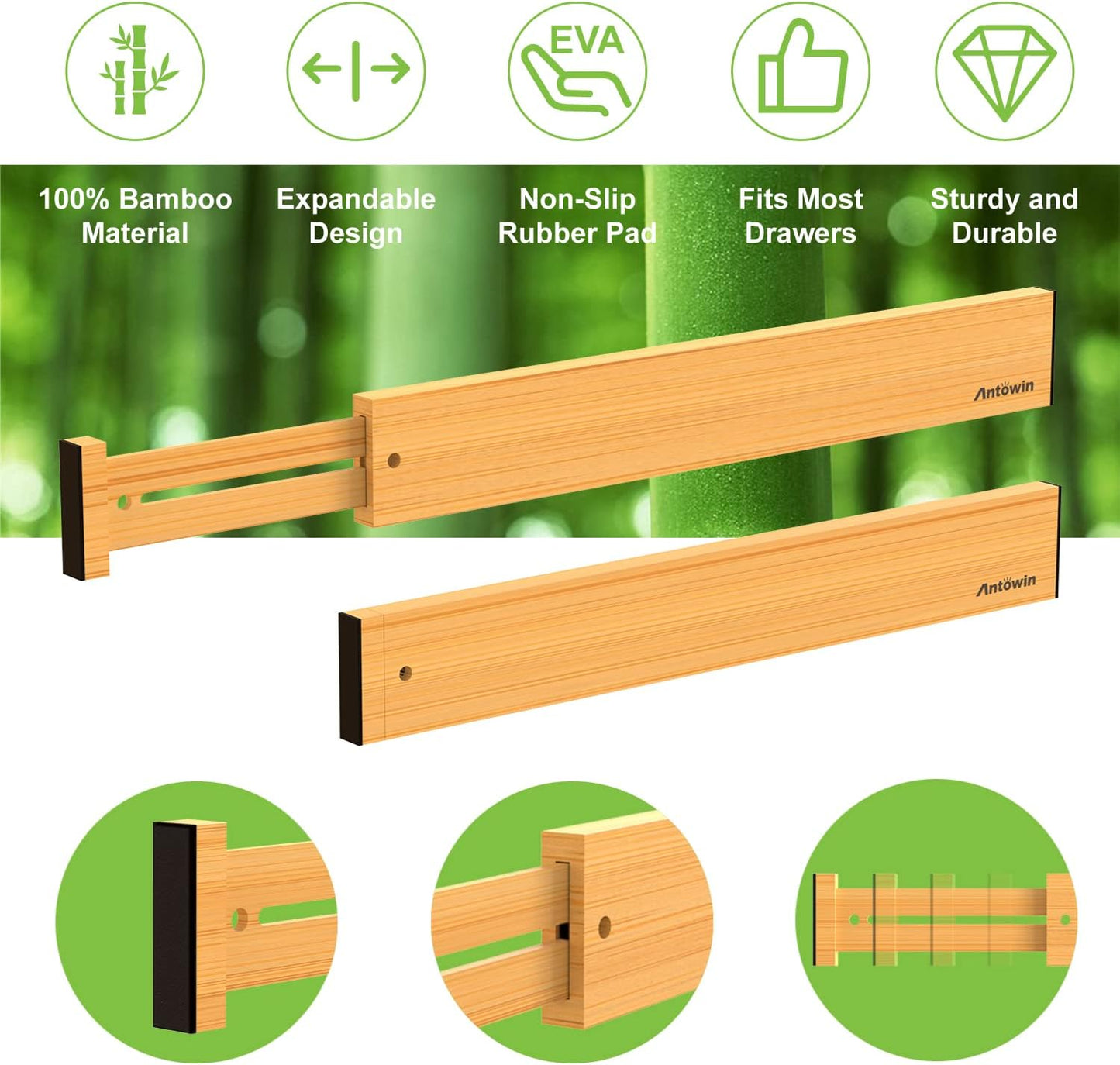ANTOWIN Bamboo Drawer Dividers Organizers 16pcs, Expandable Drawer Separators Splitter, 17-22