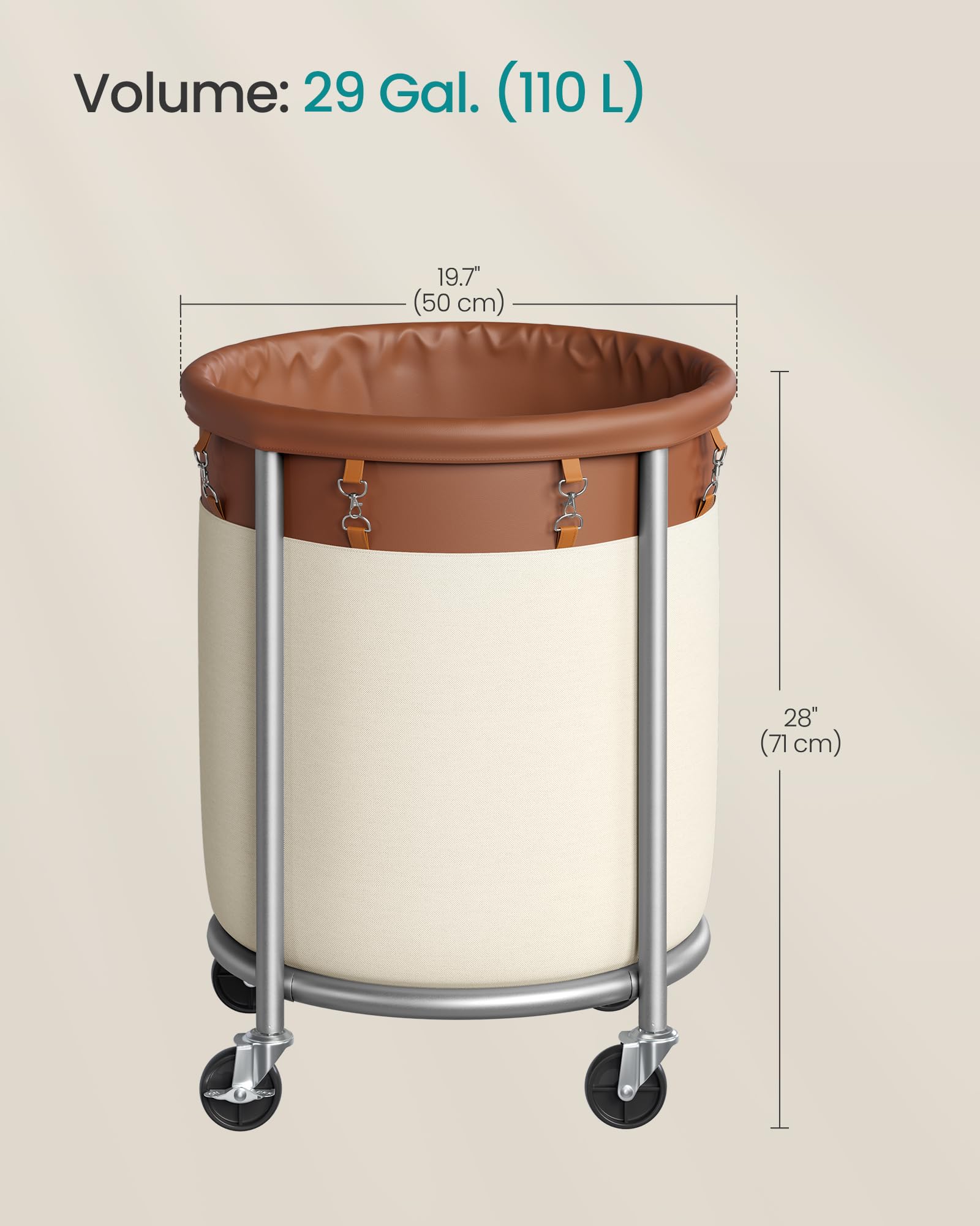 SONGMICS Laundry Basket with Wheels, 29 Gal., Steel Frame, Removable Bag