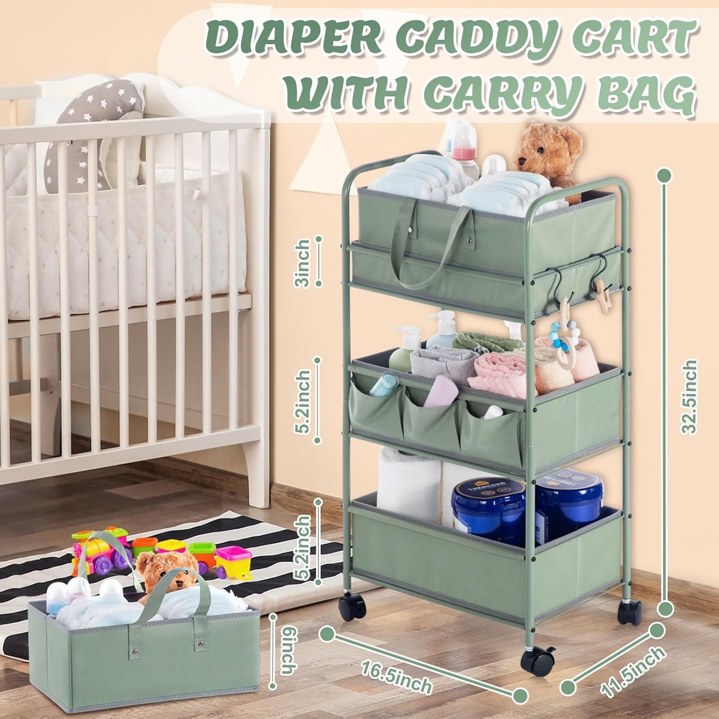 Honeydak 2in1 Baby Diaper Caddy Organizer Cart 3 Tier Large Capacity Metal Utility Bedside Rolling