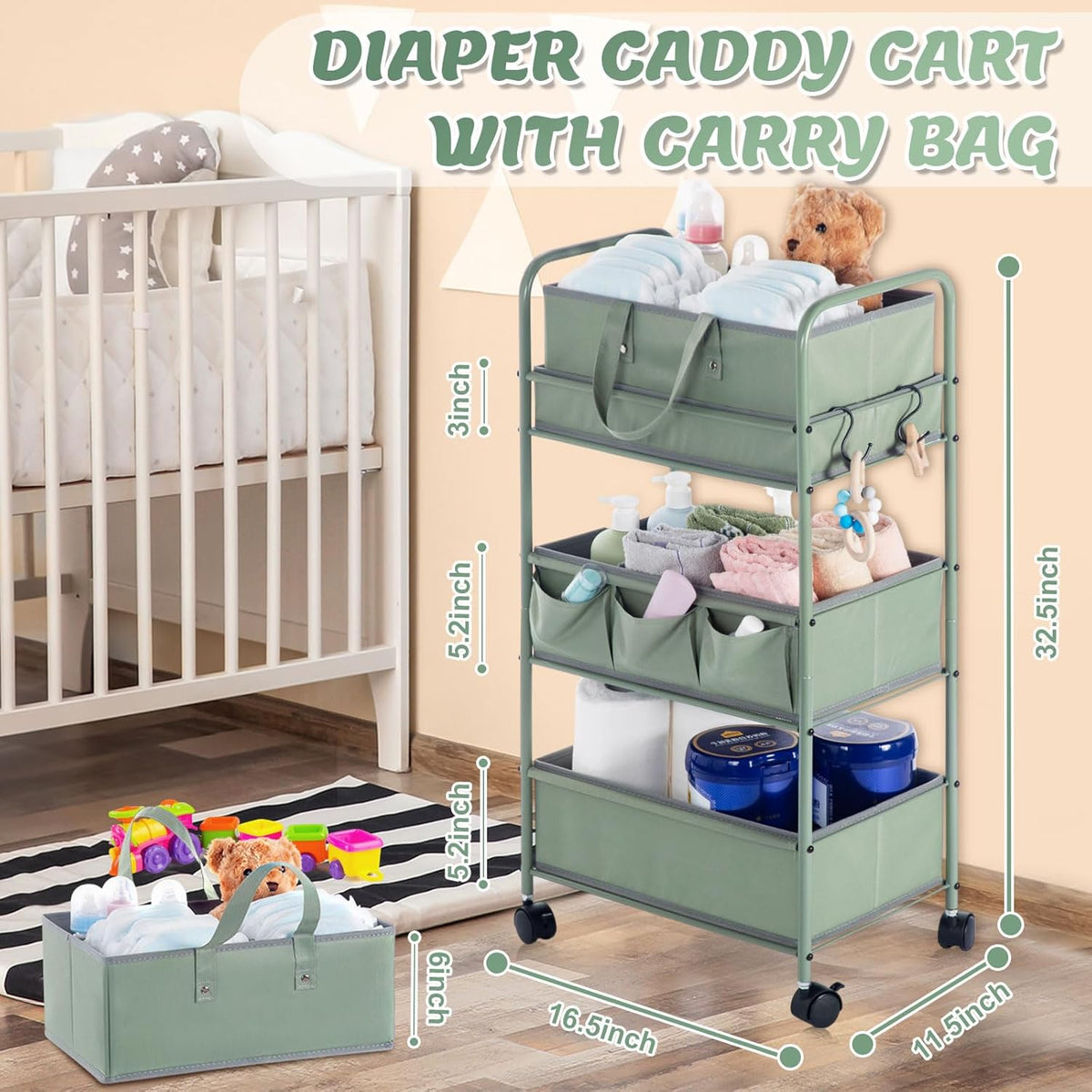 Honeydak 2in1 Baby Diaper Caddy Organizer Cart 3 Tier Large Capacity Metal Utility Bedside Rolling