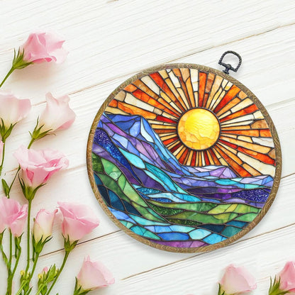 Colorful Mountain Sunset Bohemian Style Rainbow Sunrise Art Gift Framed Round Wall Decor Canvas