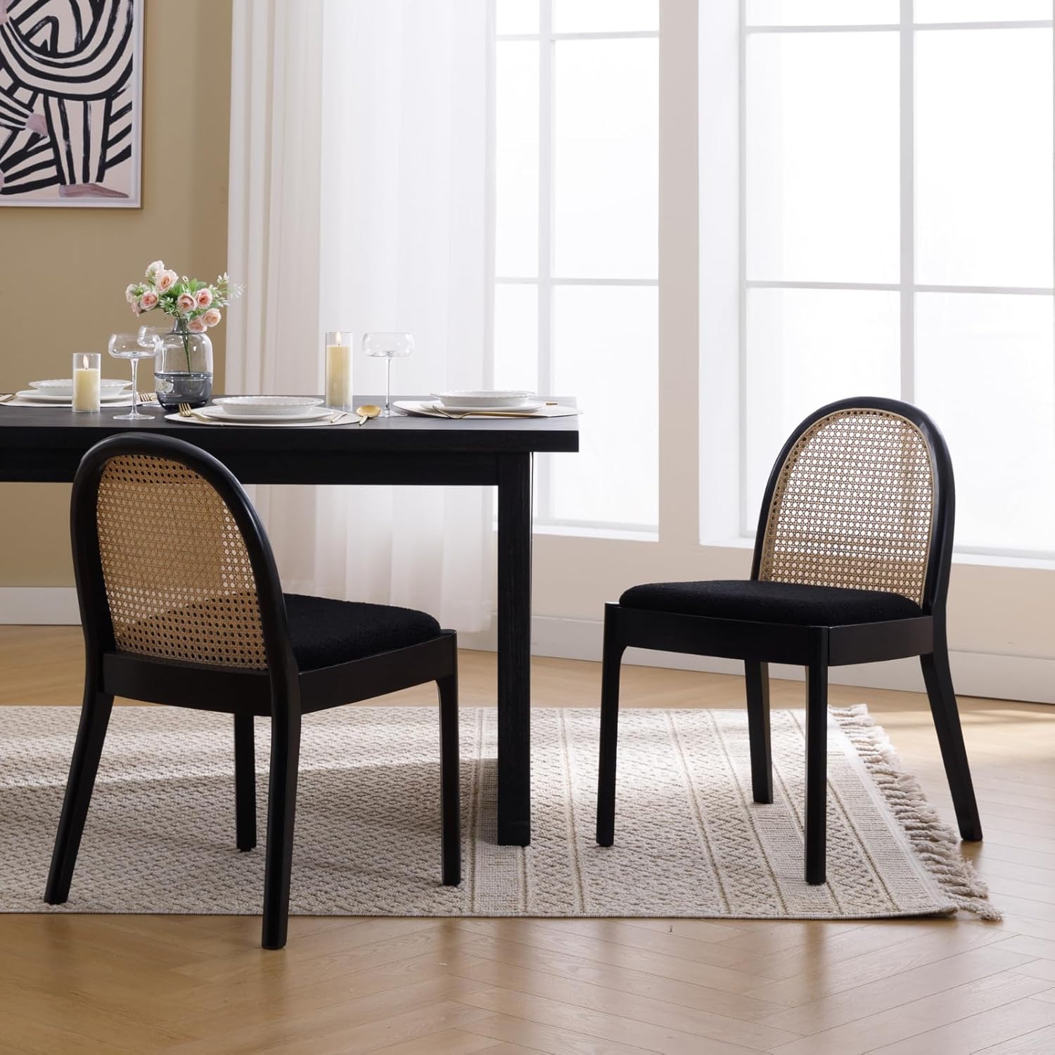 Mid Century Dining Chairs Set of 2, Accent Rattan Sherpa Fabric Side Chairs Kitchen Chair with