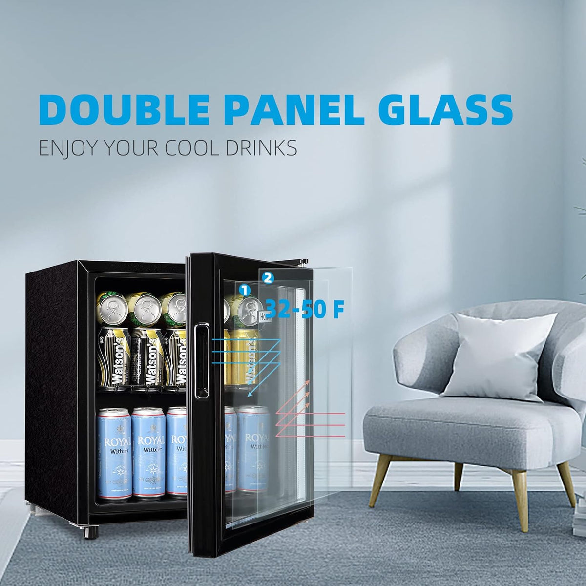 WANAI Mini Fridge Cooler 60Cans Beverage Refrigerator Glass Door Beverage Cooler for Beers Wine