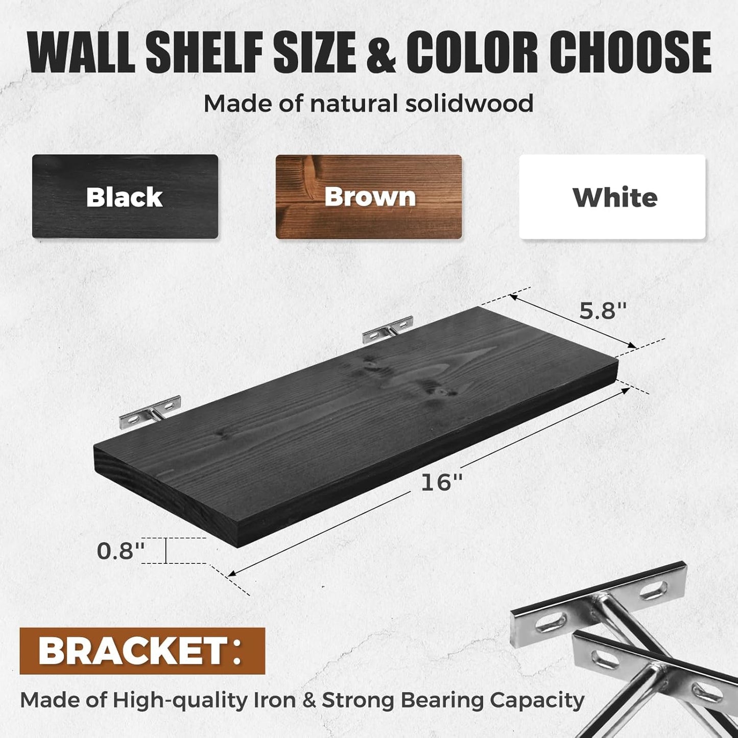 Floating Wall Shelves 2-Pack - Rustic Black 16-inch Wooden Wall Shelves for Storage and Décor