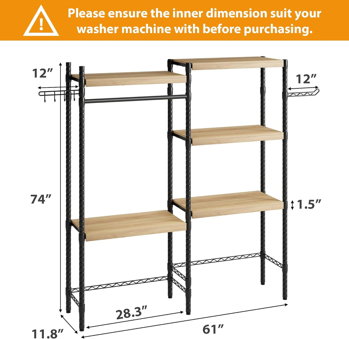 5-Tier Over-The-Washer Shelf - Adjustable 28" Laundry Organizer with 100lb Double Wood Shelves