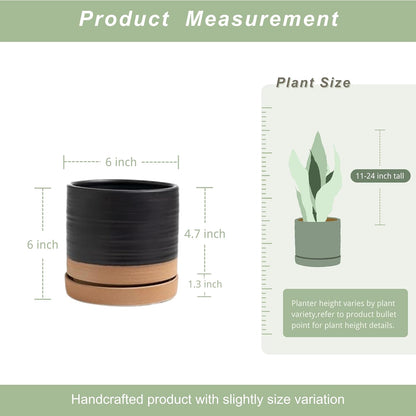 6 Inch Plant Pots, Ceramic Planter Pot with Drainage Hole & Saucer, Indoor/Outdoor Cylinder Round