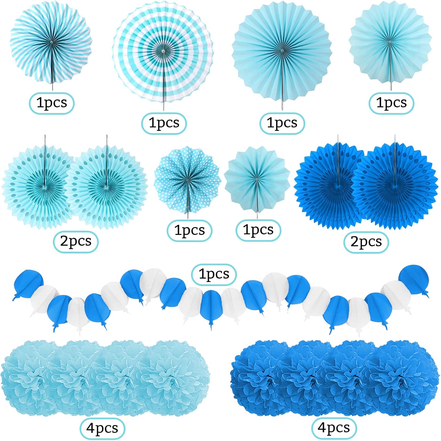 Party Decorations, Blue Papar Fans Pompoms Garlands for Men Boy Fathers Day Graduation Bachelorette