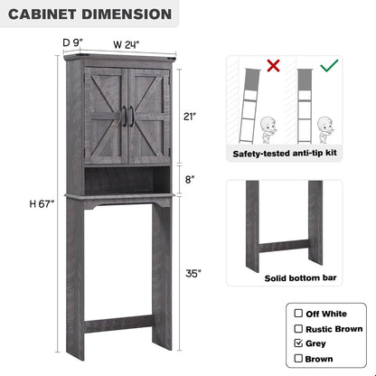 Over The Toilet Storage Cabinet, Farmhouse Bathroom Cabinet with Adjustable Shelf & Barn Door, 67"