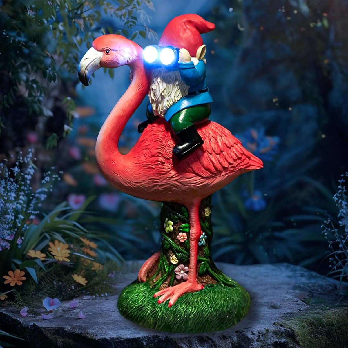 Solar Flamingo Gnome Garden Decor Statue, Outdoor Funny Solar Light Decoration for Yard, Patio