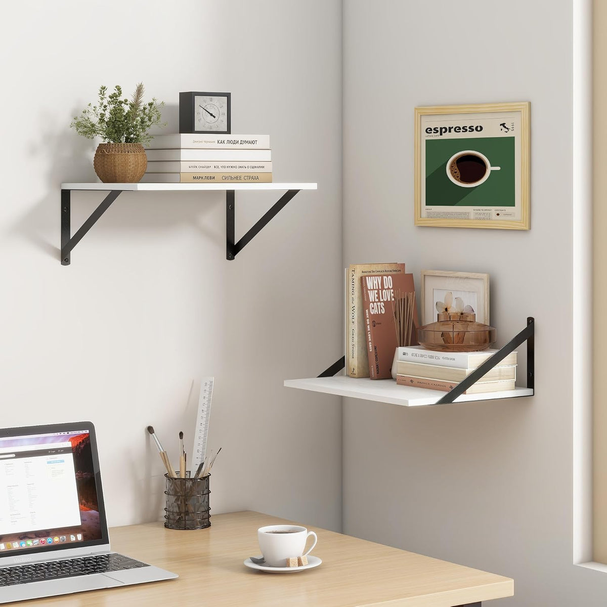 Fun Memories Floating Shelves Set of 2, 16" W x 12" D, White Ledges for Bedroom, Bathroom, 12" Deep
