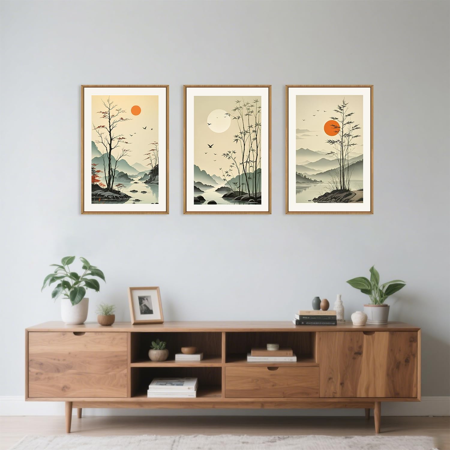 Chinoiserie Bamboo Forest Framed Canvas Wall Art Set, Nature Tree Lakes Wall Decor, Minimalist Zen