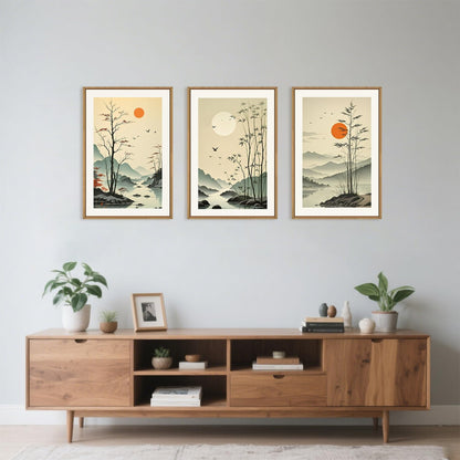 Chinoiserie Bamboo Forest Framed Canvas Wall Art Set, Nature Tree Lakes Wall Decor, Minimalist Zen