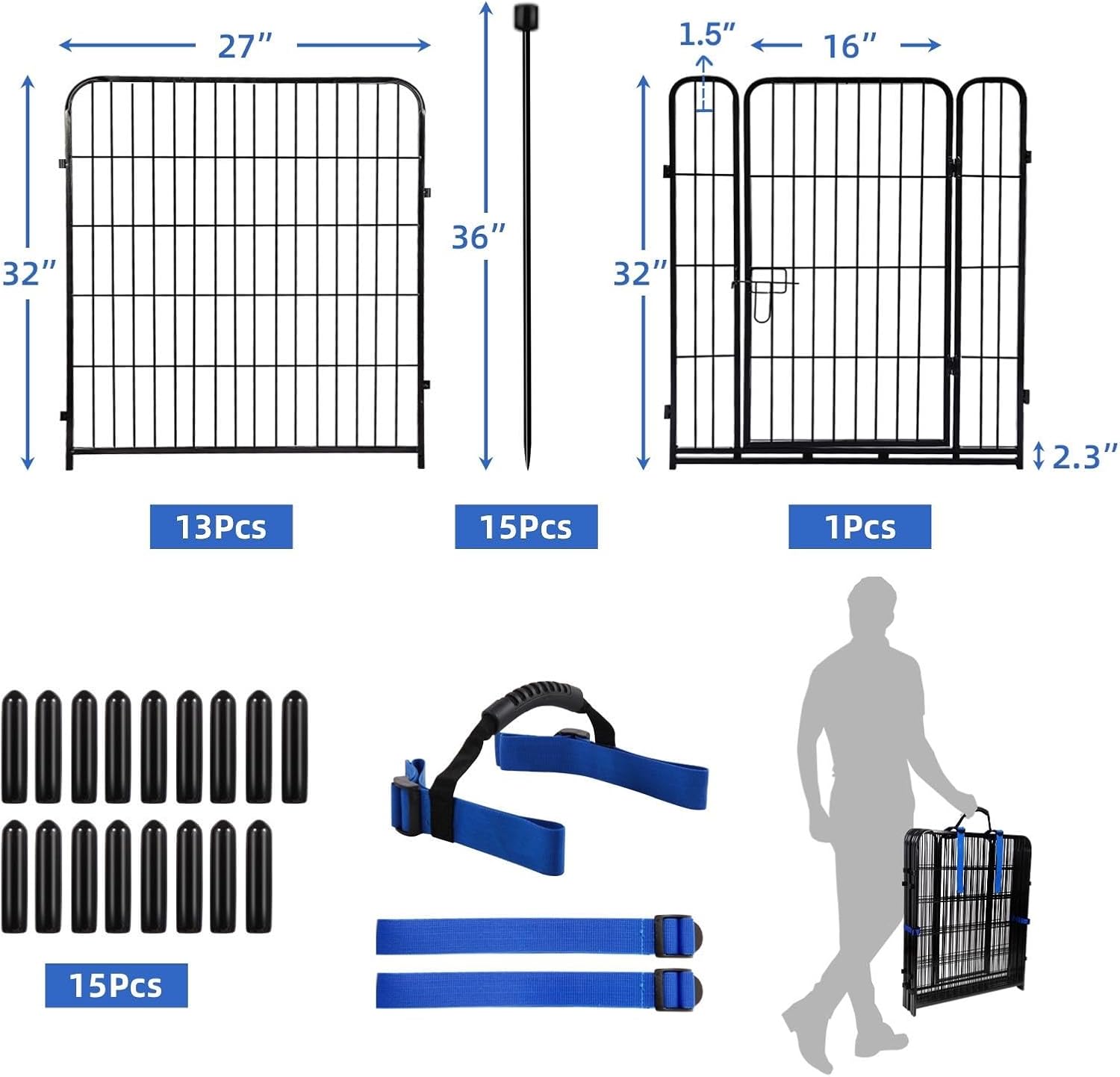 ADAVIN Garden Fence with Gate 32in(H) x 31 ft(L),14 Panels Black Heavy Duty Iron Metal Animal
