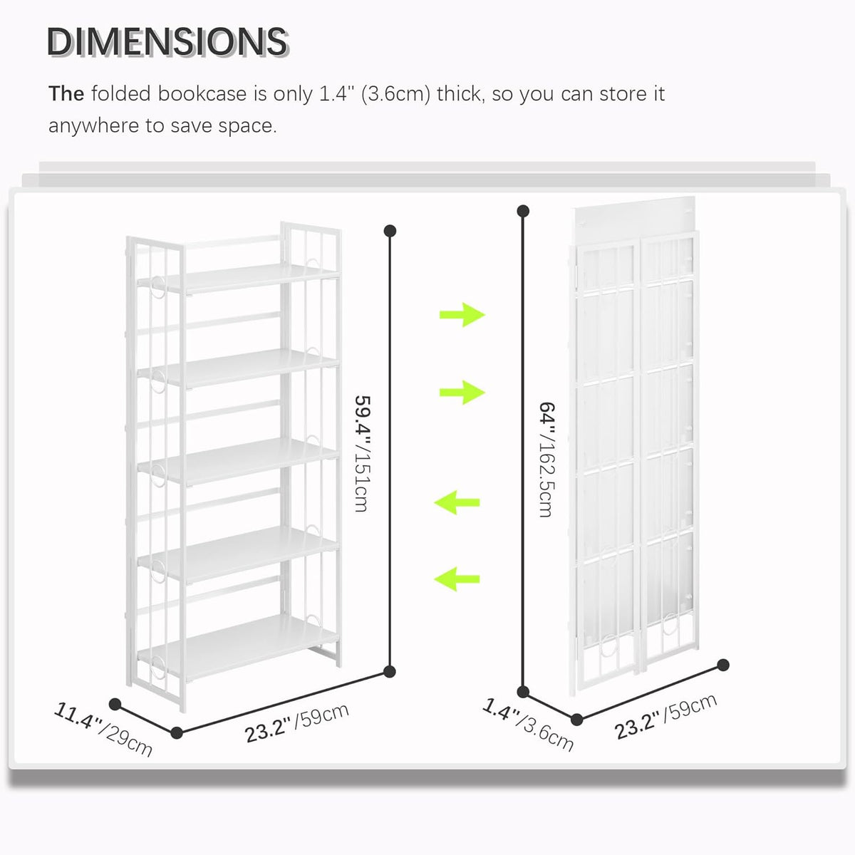 4NM No Assembly 5 Tiers Folding Bookshelf, 59.4" H Foldable Storage Shelves Vintage Bookcase