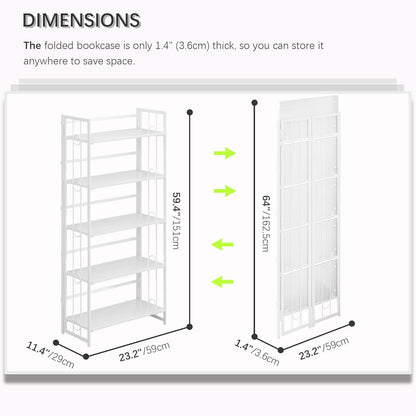 4NM No Assembly 5 Tiers Folding Bookshelf, 59.4" H Foldable Storage Shelves Vintage Bookcase