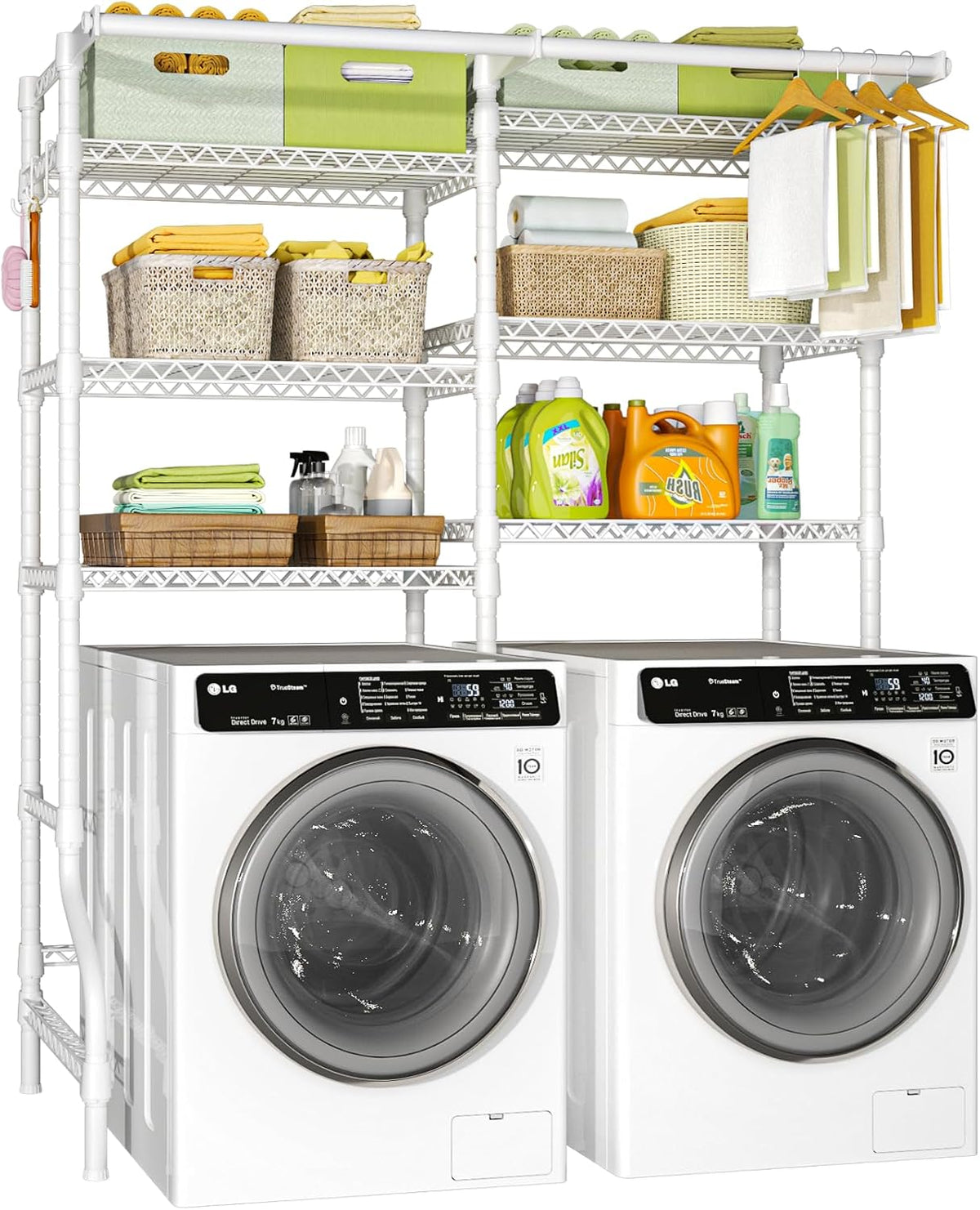 Ulif U13 Over Washer and Dryer Storage Shelves, 6 Tiers Laundry Room Standing Shelf with 2 Hanger