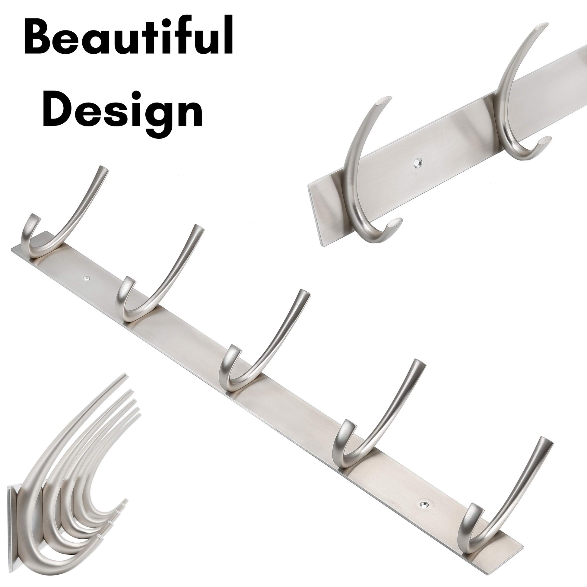 BIRDROCK HOME Premium 5-Hook Stainless Steel Coat and Hat Rack for Wall - Set of 2 - Front Door