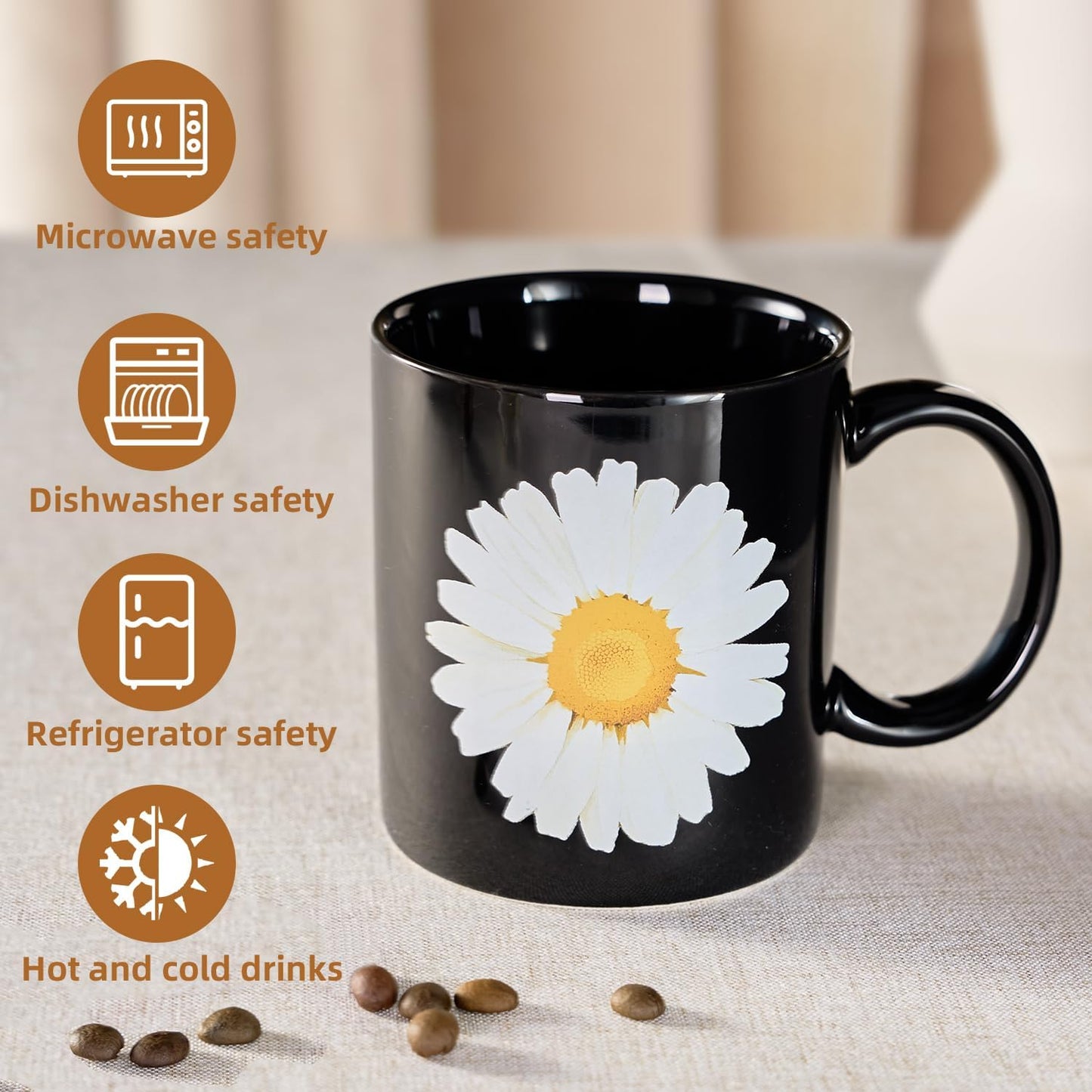 12Oz Daisy Black Ceramic Mug, Mug for Daily Coffee and Tea, Lead-free, Microwave and Dishwasher