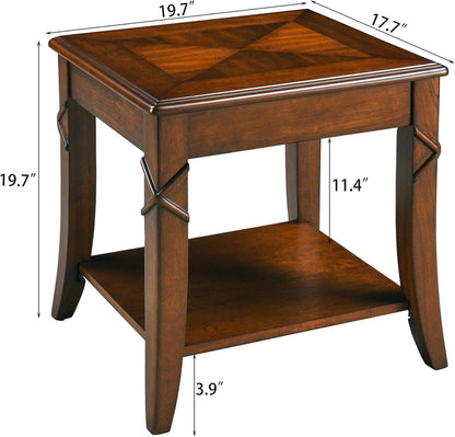 Solid Wood End Table with Storage Shelf, Vintage Rectangle Sofa Side Table with Splicing Tabletop
