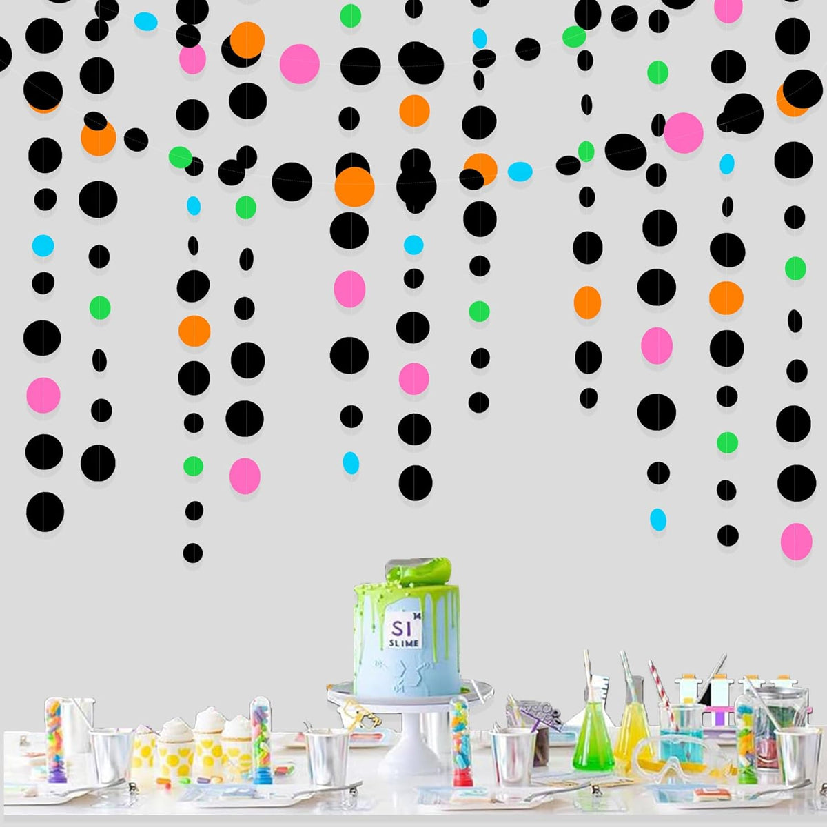 Black and Colorful Circle Dots Hanging Paper Streamer Black Multi-Color Polka Dot Banner for