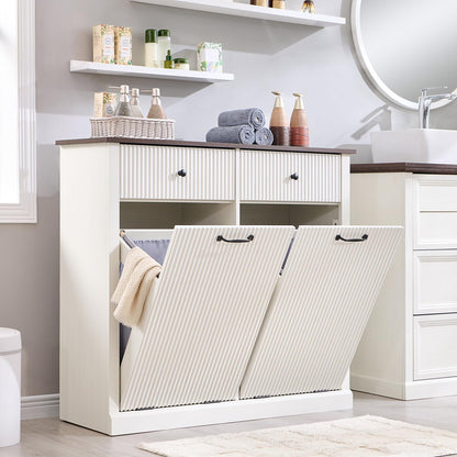 Modern Double Tilt-Out Trash Cabinet, 20 Gallon Fluted Laundry Hamper Cabinet w/2 Drawers, Wooden