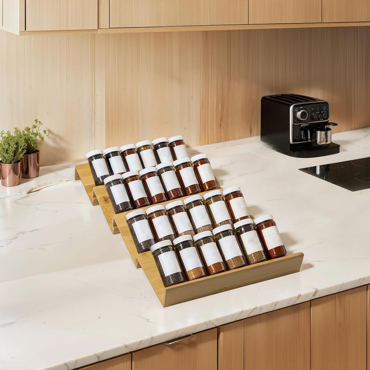 Bamboo Spice Rack For Drawer,4Pcs Tier Stackable Seasoning Storage Organizer Insert,for Kitchen