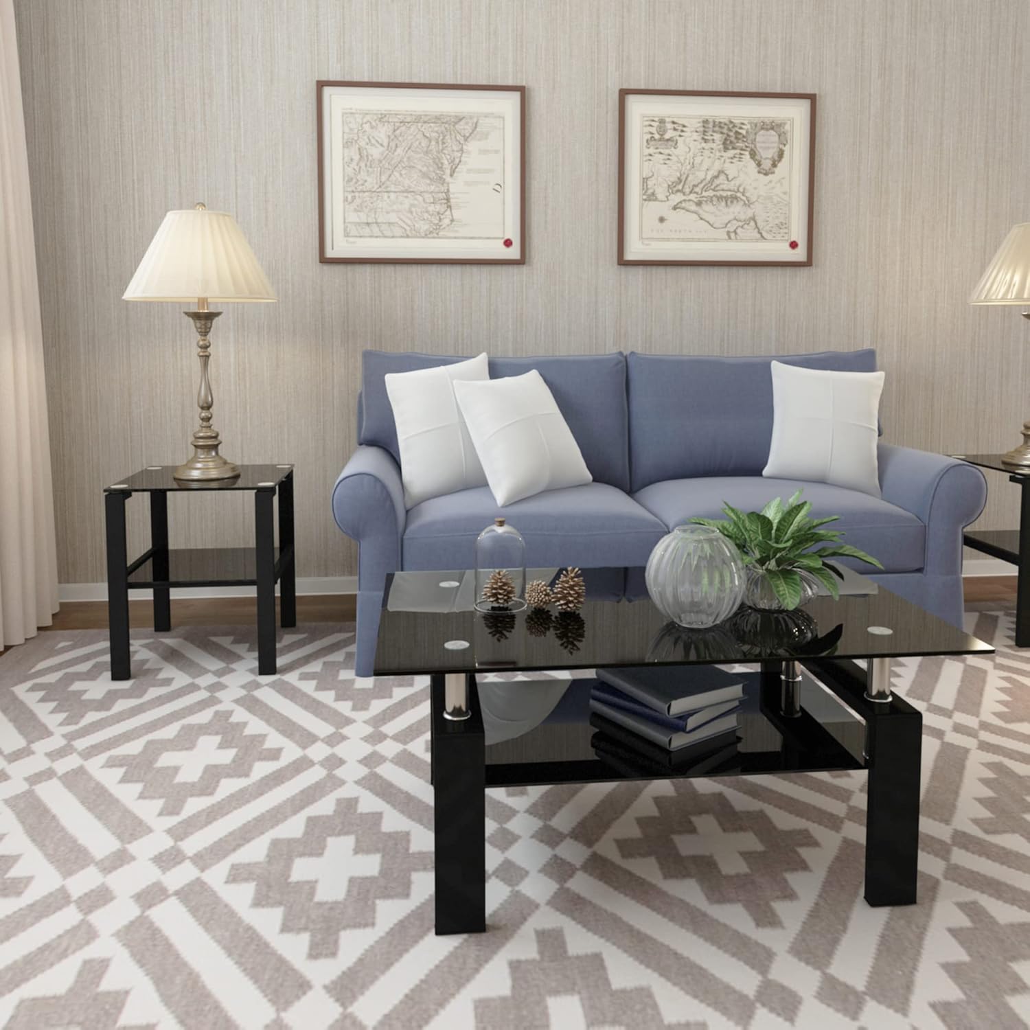 Black Glass Coffee Table for Living Room, Mordern Rectangle Tempered Glass Sofa Center Tables with