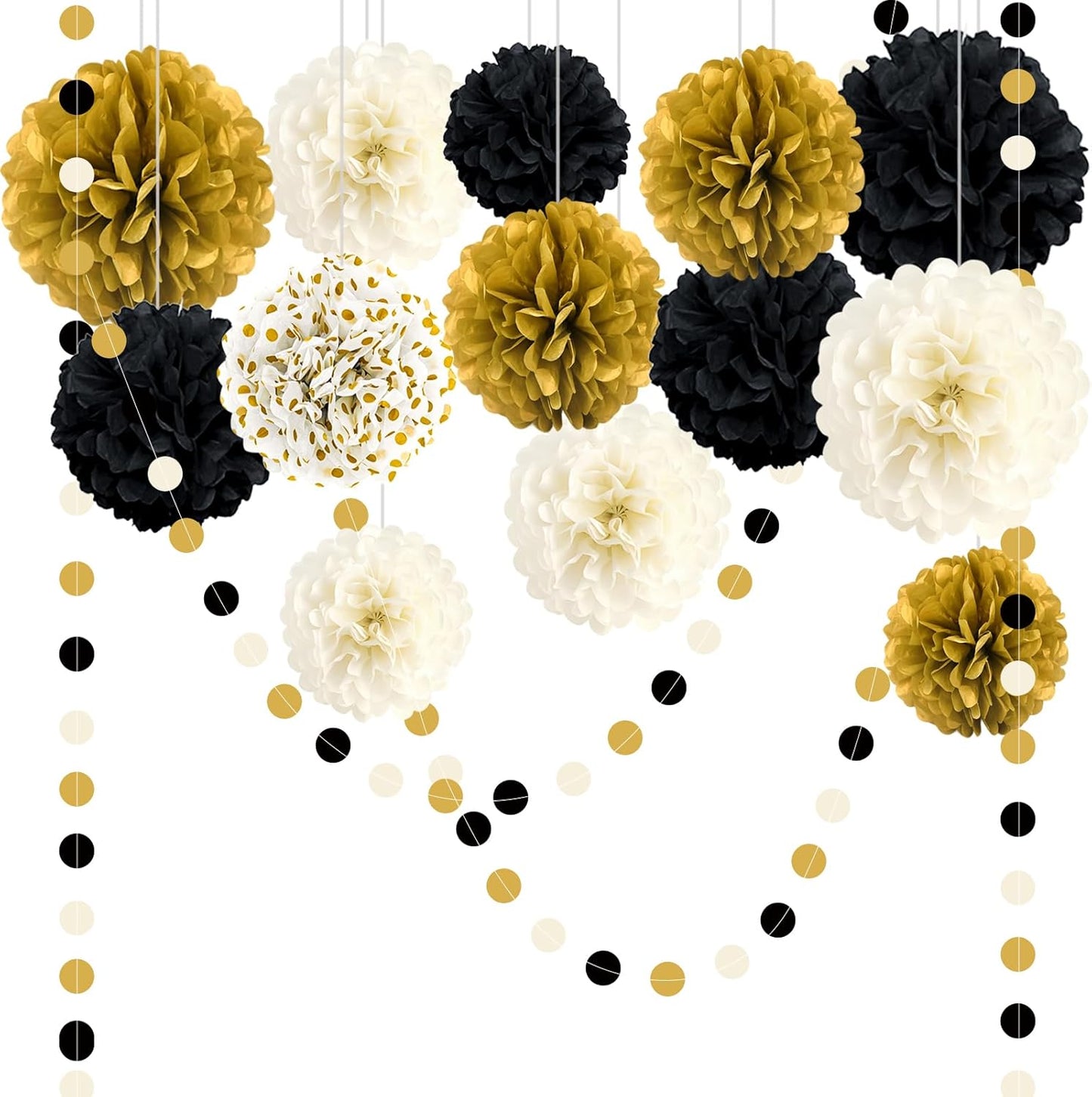 Black and Gold Party Decorations, 16 PCS Tissue Paper Pom Poms Dots Paper Garland Kit for New Year