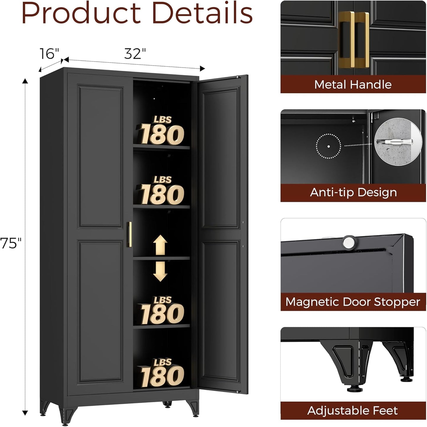 75" Kitchen Pantry Cabinet, Black Metal Storage Cabinets with 2 Doors and 4 Adjustable Shelves
